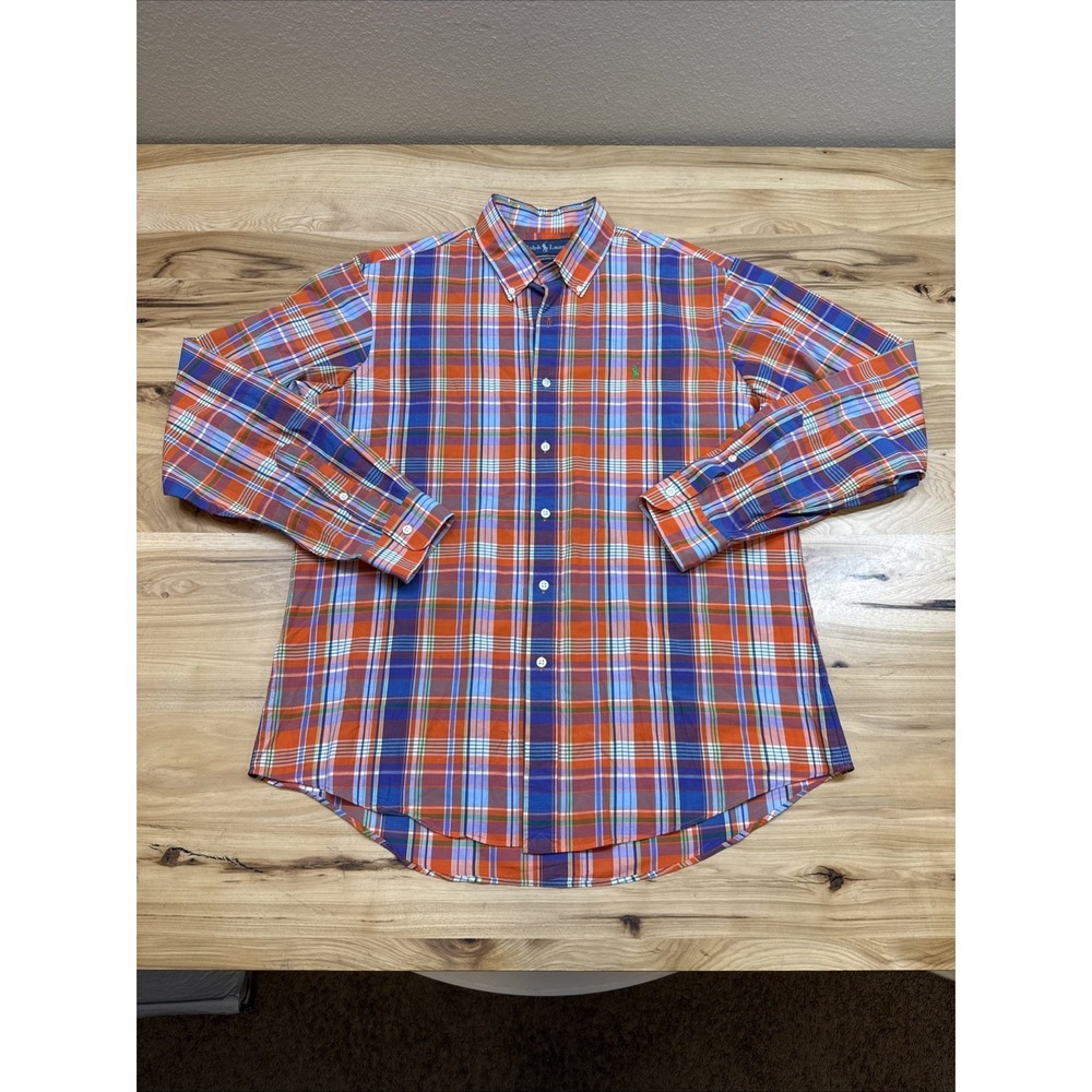 Ralph Lauren Custom Fit Men's Orange Plaid Button Up Flannel Shirt Size Large